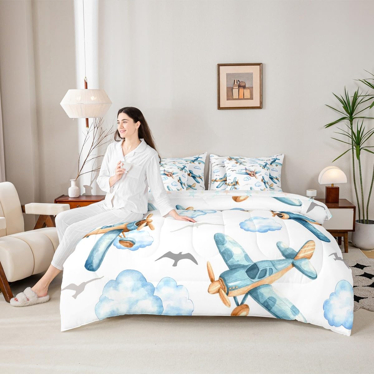 Erosebridal Boys Cartoon Propeller Plane Full 7 Pcs Bedding Set, Aircraft Airplane Comforter Set with Sheets, Blue Clouds Bed in A Bag for Kids Girls Adults Bedroom, Flying Birds Animals Bed Sets