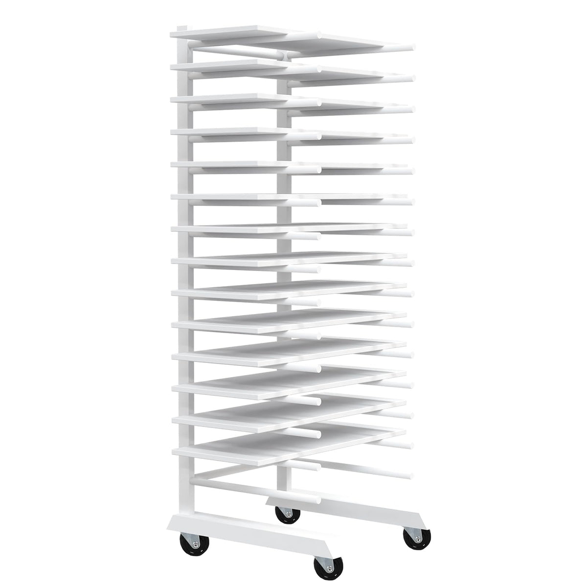 Colingmill 1 Pack 15 Tier Cabinet Doors Paint Drying Rack with Casters 16 in Rods 20 in Base White Powder Coated 15lbs/Shelf Iron Detachable Crossbars Space Saving for Painted Wood Panels Doors