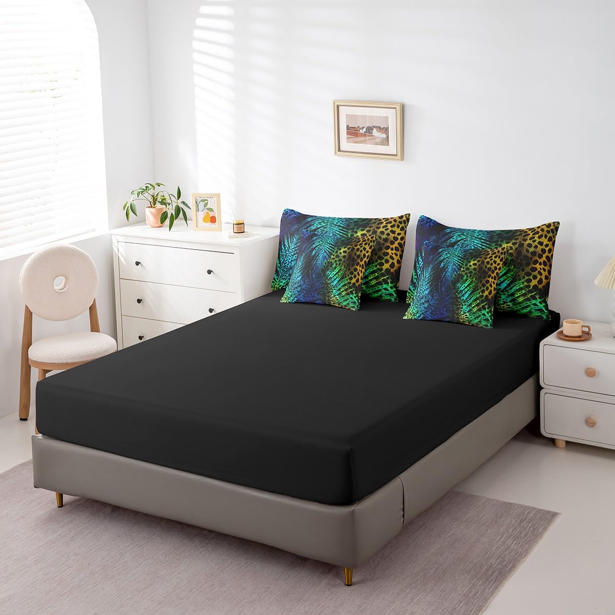 Erosebridal Blue Green Cheetah Print Comforter Set 7 Piece Bed in a Bag Twin,Leopard Print Bedding Sets Wild Animal Hide Sheet Set with Comforter,Wildlife Fur Hair Spot Bed Set