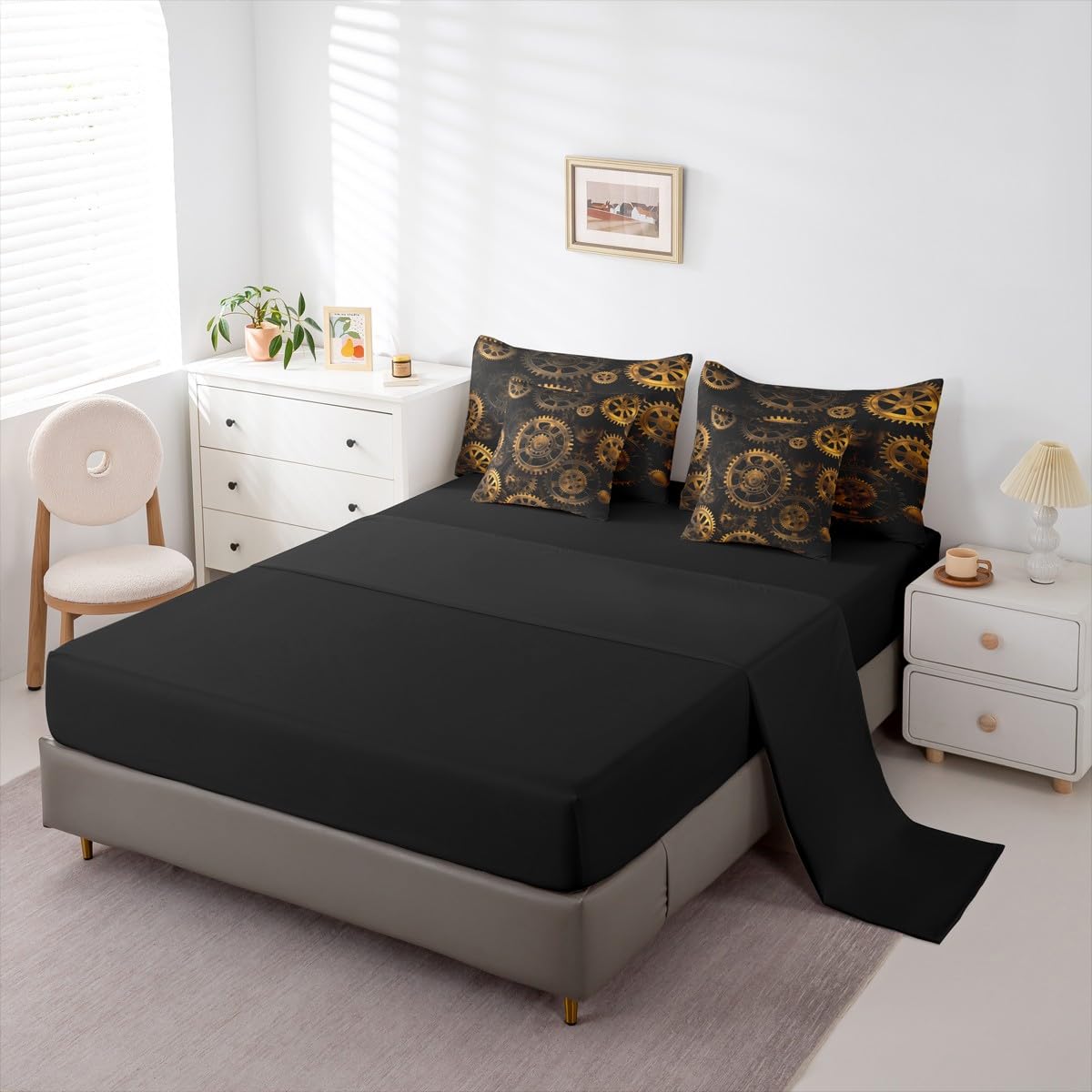 Erosebridal Golden Ndustrial Gear Full Comforter Set, Steampunk Style 7-Piece Bed in A Bag, Clocks Theme Sheets and Pillowcases, Retro Mechanical Device Kids Adult Bed Sets