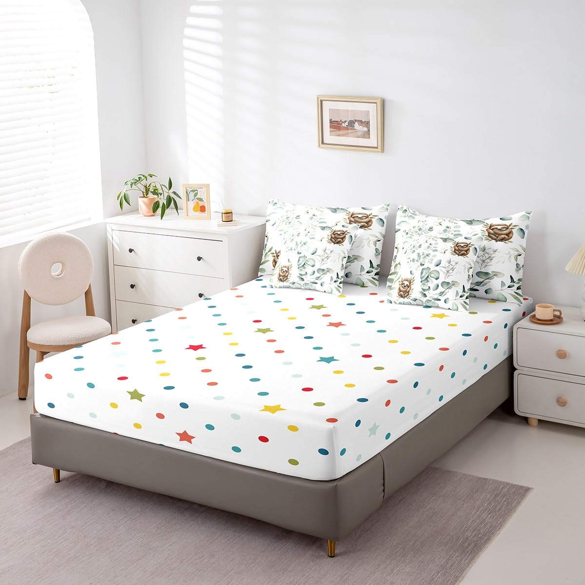 Erosebridal Girls Kawaii Animal Bedding Comforter Sets 7pcs Cute Sloth Bed in a Bag, Cartoon Wildlife King Bedding Sets Green Leaf Comforter Set, Spring Garden Plant Bedding Sets Kids Bedroom Decor