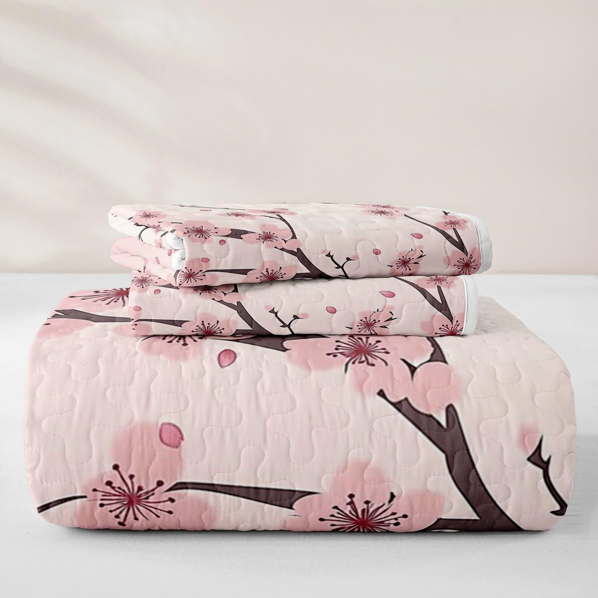 Erosebridal Girl Cherry Blossoms Quilt Queen Japanese Style Quilt SetPink Flowers Quilted Bedspread Branches Plant Floral Bedding Coverlet with 2 Pillowcases