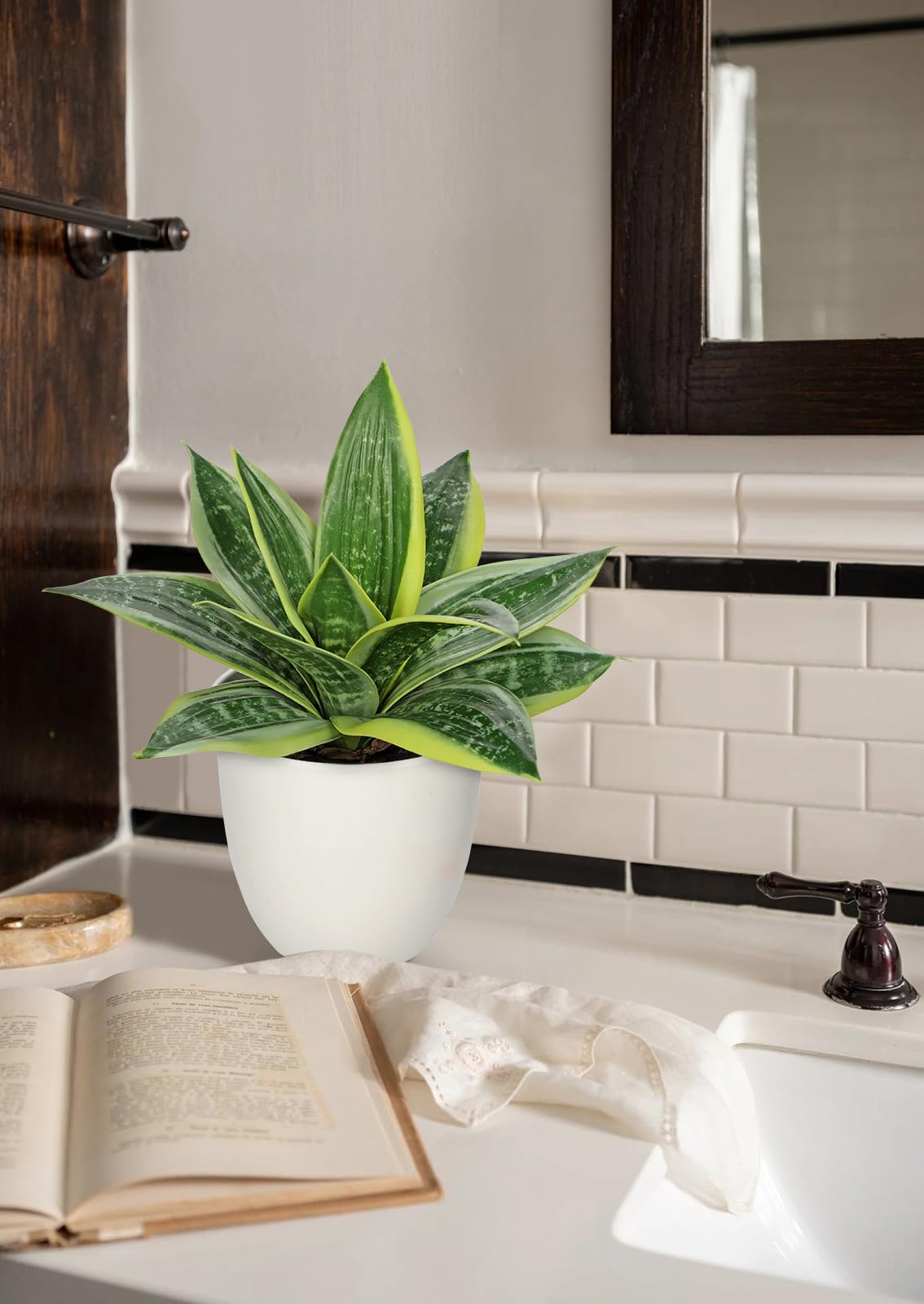 Hollyone Artificial Snake Plants 9" Faux Agave Succulent Plant Potted in White Pot Fake Sansevieria Aloe Tropical Plant for Desk Modern Office Home Bathroom Indoor Outdoor Decor