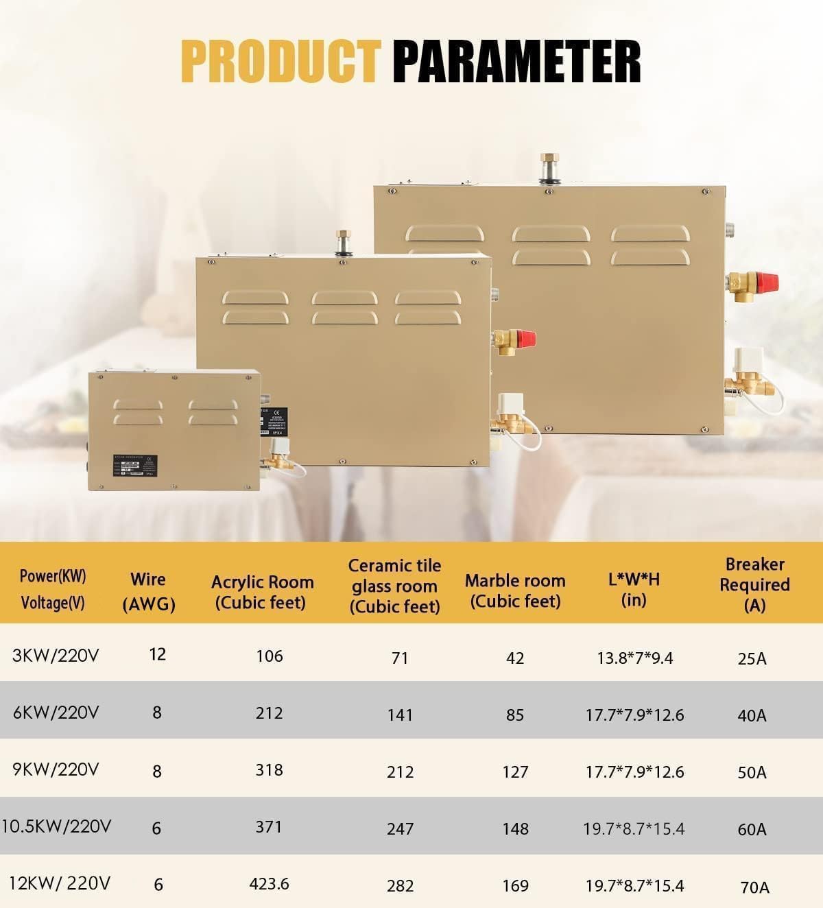 CGOLDENWALL 9KW Commercial Self-Draining Steam Generator Shower System Home Steam Bath Spa Generator 30 min to 12 Hours with Auto Drain 95-131℉ for Suitable Space Heating 9 m³/318 Cubic feet (9KW)