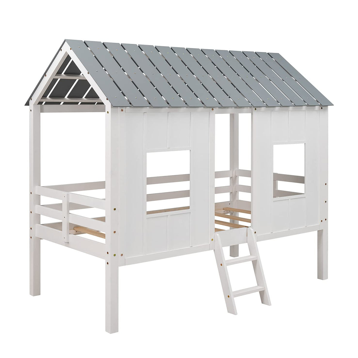 Twin Size Wooden House Bed with Ladder, Kids Low Loft Bed with Two Front Windows, White