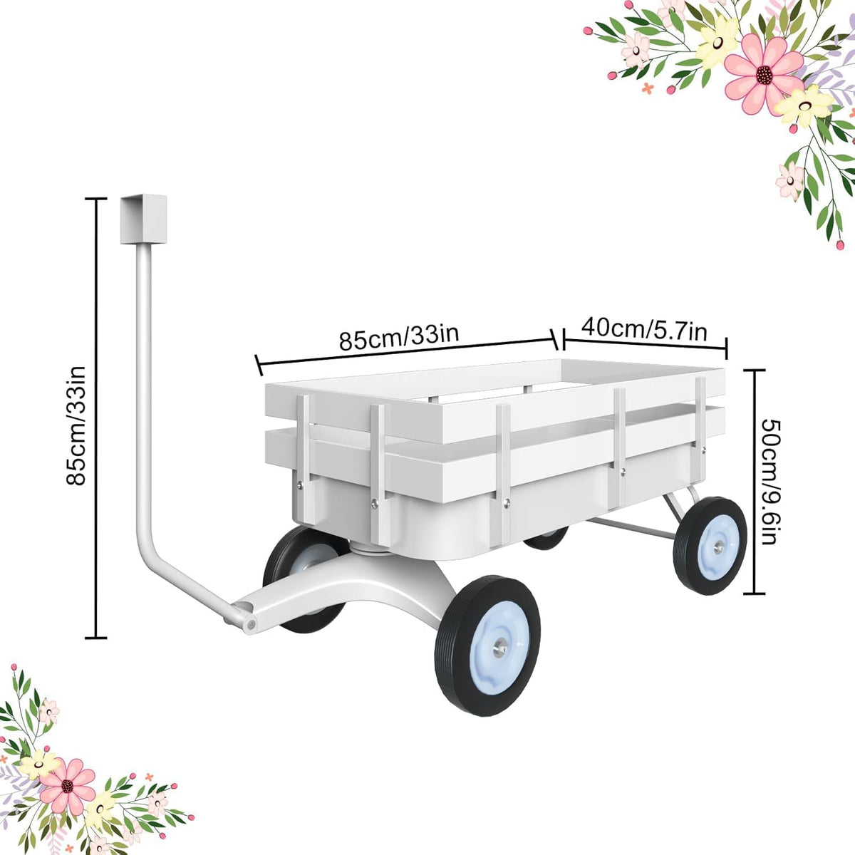 White All-Terrain Wagon, Wedding Flower Girls Wagon Cart with Handle, Utility Steel Cargo Wagons with Removable Wooden Side Panels (White, Small)