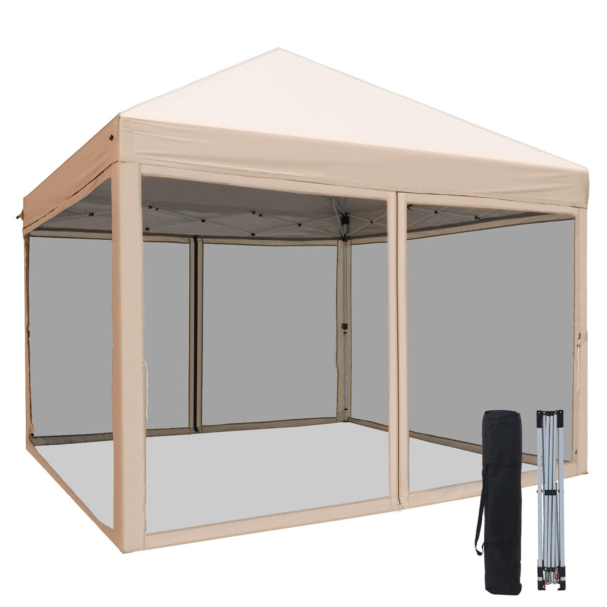 HAVZENO 10x10 Pop Up Canopy Tent with Mosquito Netting, Portable Waterproof Instant Outdoor Screen Shelter, Pop Up Tent for Patio, Backyard, Parties, Camping and Events, Beige