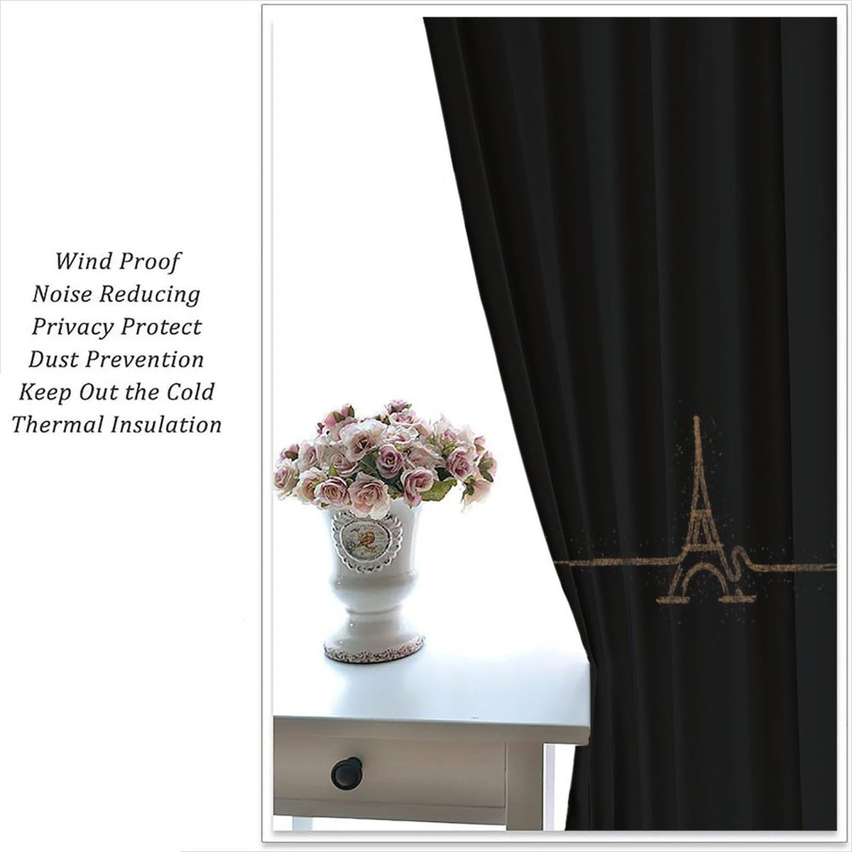 Fblifil Simple Luxury Eiffel Tower Curtain Black Background, Gold Eiffel Tower, Exquisite Home French Romantic Printed Rod Pocket Window Treatments for Bedroom Living Room Decor 42" W X 45" L
