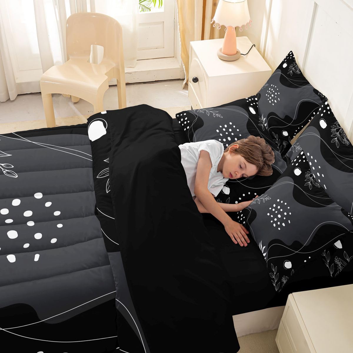 Erosebridal Mid Century Modern 7 Piece Comforter Set Full Bed in a Bag Boho Black Grey Bedding Sets Simplistic Geometrical Comforter and Sheet Set, Geometric Lines Bed Sets