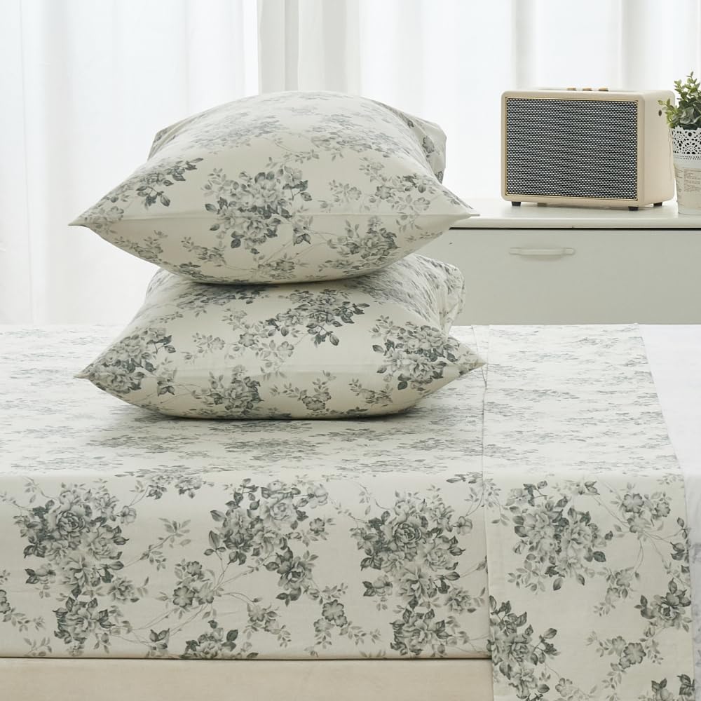DAUAOTO 100% Cotton Bedding Printed Sheets Set for Queen Size Bed Up to 14" Deep Mattress, Toile Rose Floral Pattern Bedlinen Sets, Gray