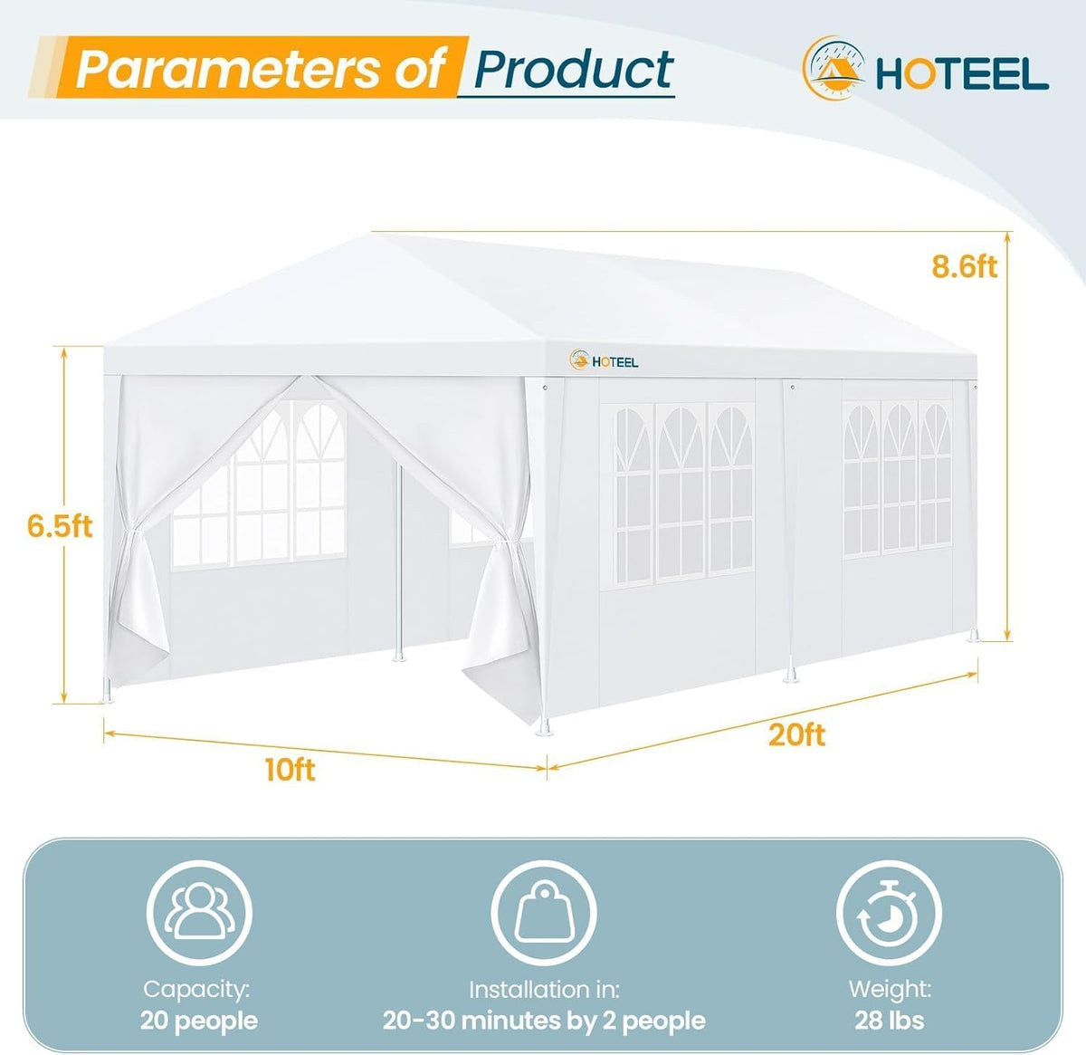 HOTEEL 10x20FT Party Tent with 6 Removable Sidewalls for Parties, Waterproof Carpas para Fiestas, Weddings, BBQ, Outdoor Large Event Canopy, Patio Camping Gazebo, White