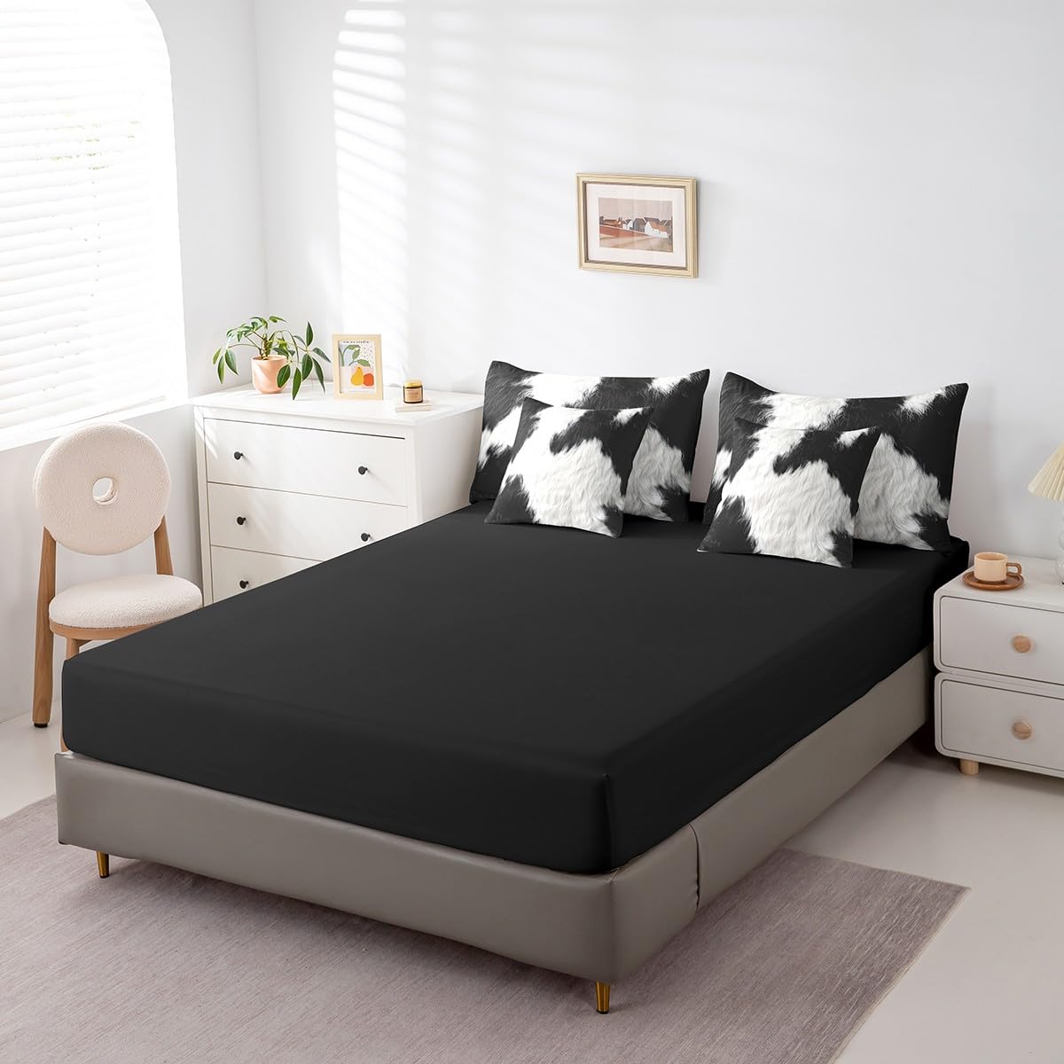 Erosebridal Cute Cow Print Twin Bedding Set 7 Piece for Boys Black White Cowhide Bed in A Bag for Kids Teens Youth Adult Western Farmhouse Fur Comforter Set with Sheetcountry Animal Skin Bed Sets
