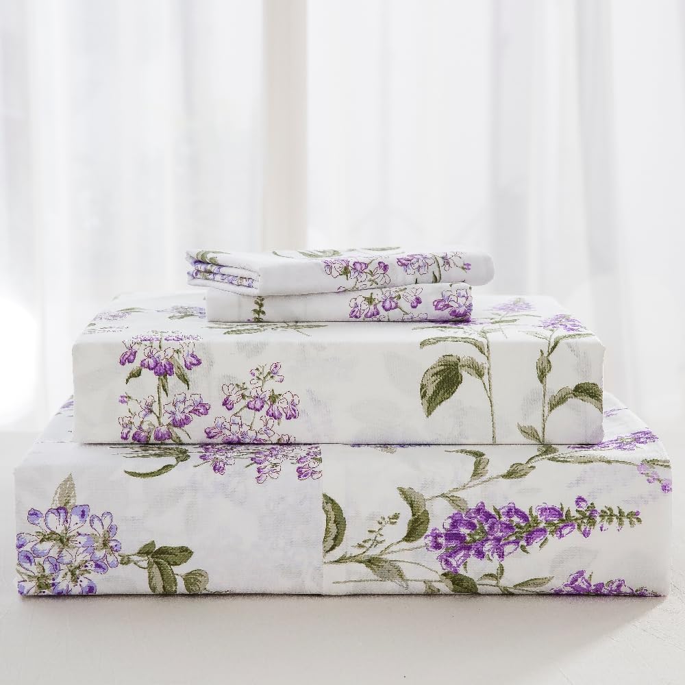 DAUAOTO King Size Cotton Bedding Printed Sheets Set, Up to 14" Deep Mattress, Velvet Purple Floral Pattern Bedlinen Sets, Provence Lavender