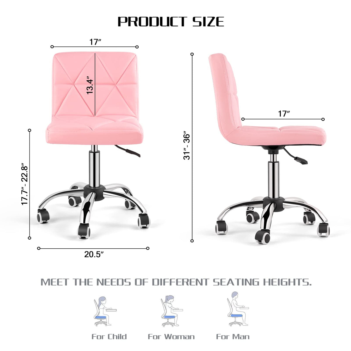 COSVALVE Armless Desk Chair, Mid Back Swivel Office Chair, Adjustable Task Chair with Rolling Wheels and Diamond Pattern, for Home Computer Barber, Pink