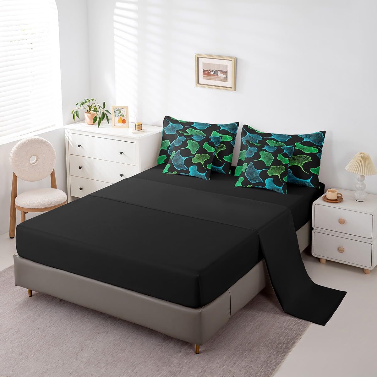 Erosebridal Ginkgo Leaves Comforter Set 7 Piece Bed in a Bag Twin,Teal Green Ginkgo Biloba Leaf Bedding Sets Botanical Sheet Set with Comforter,Jungle Plant Ginkgo Folium Bed Set