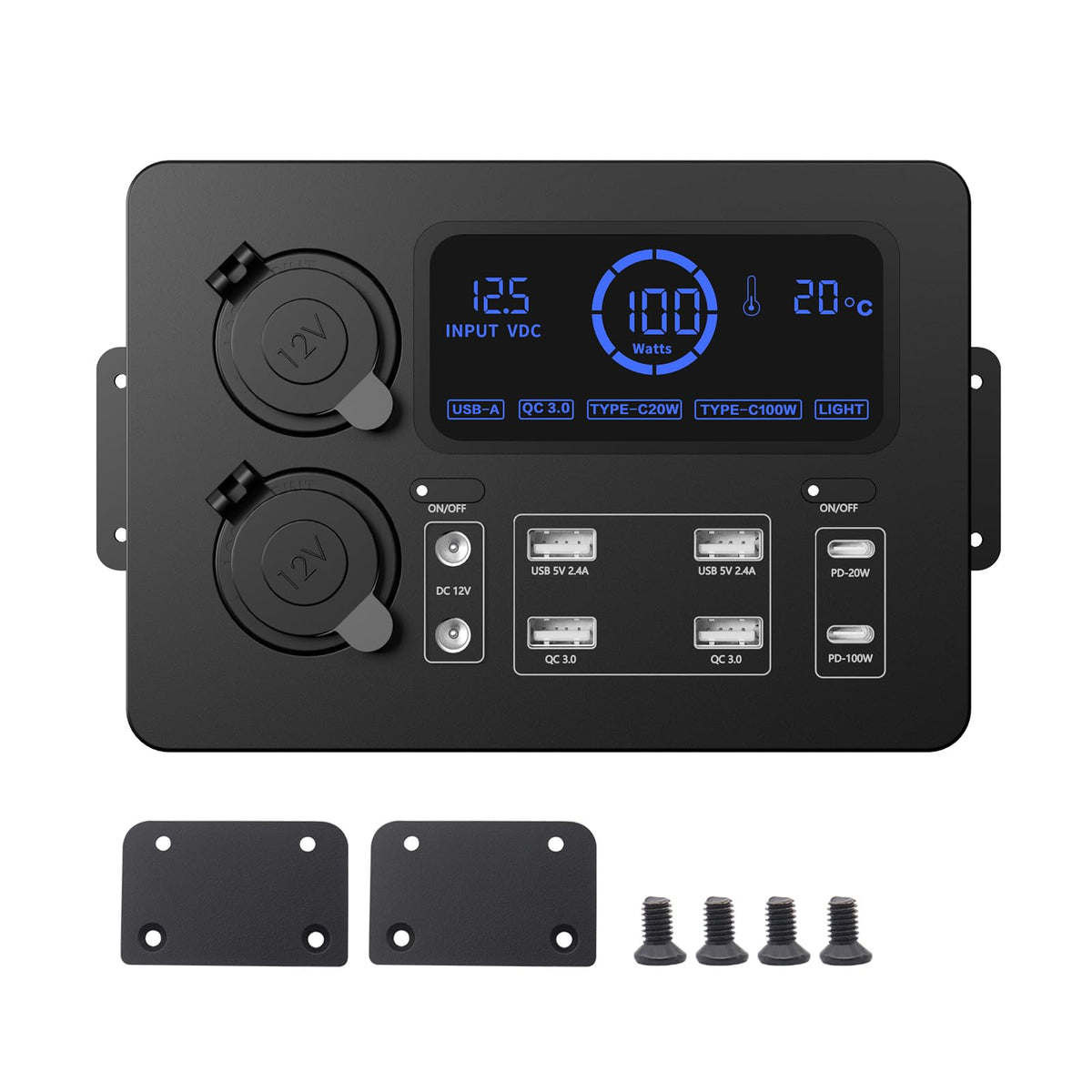 HUIOP Power Box,Mini Power Box, 12V 100W LCD Display Power Box with LED Lights, USB-C & QC3.0 Ports, Portable Control Hub for RVs, SUVs, Boats, Yachts, Cars