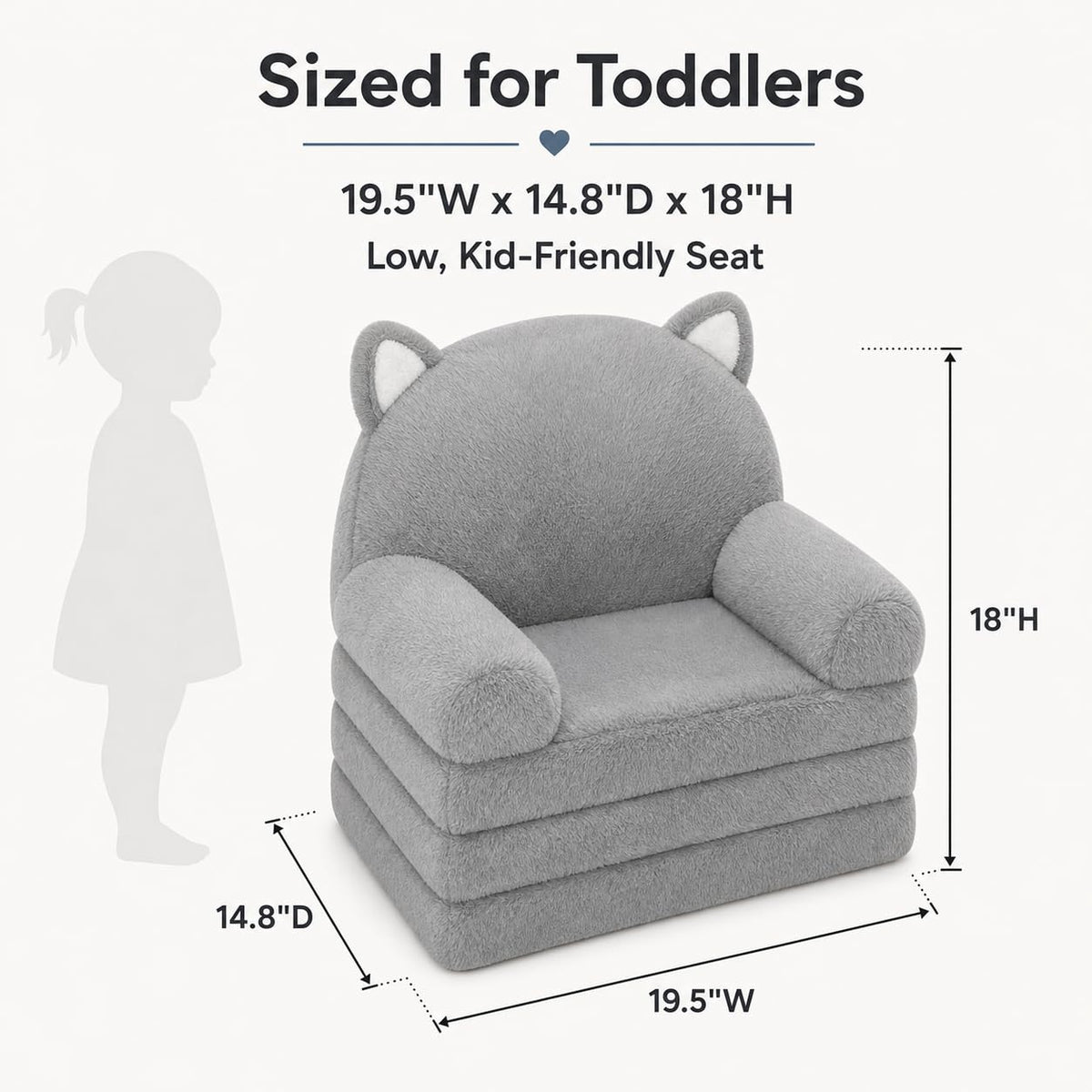 MONKISS Kids Couch, Comfy Toddler Chair, 2 in 1 Fold Out Kids Sofa, Baby Sitting Chair with Washable Cover, Toddler Furniture for Reading, TV and Playroom, Birthday Gifts, 1-4 Years Old, Grey Cat