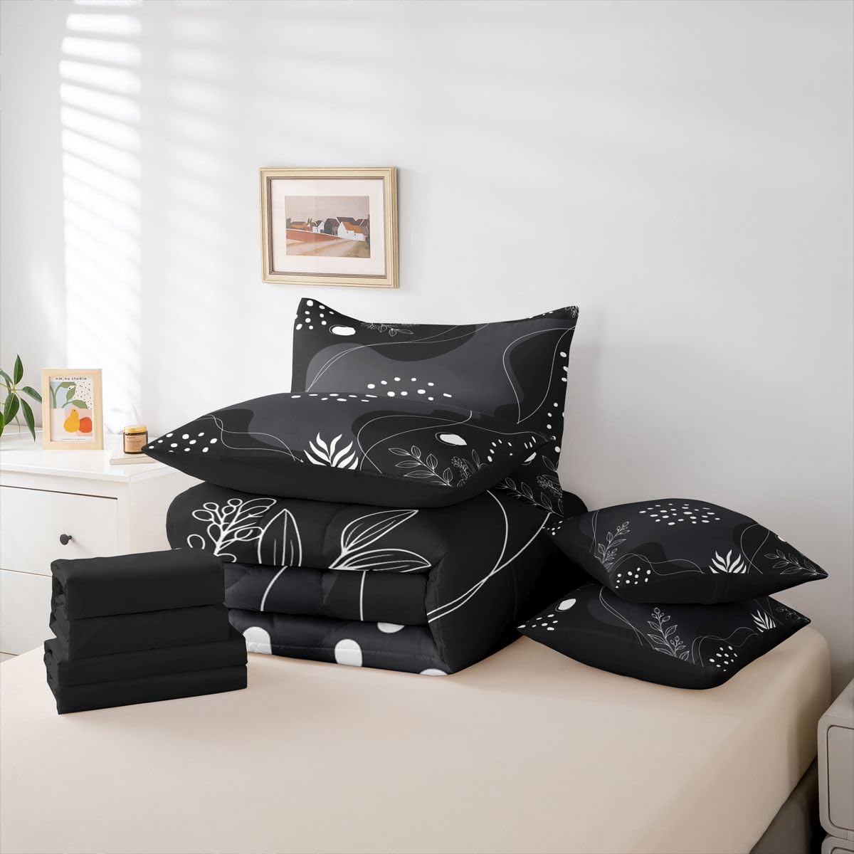 Erosebridal Mid Century Modern Comforter Set 7 Piece Bed in a Bag Twin Boho Black Grey Bedding Sets Simplistic Geometrical Comforter and Sheet Set, Geometric Lines Bed Sets