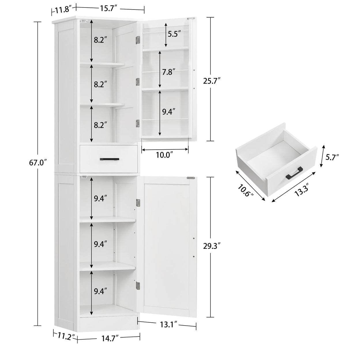 TEENFON Tall Storage Cabinet with 3 Door Shelves & 1 Drawer, Narrow Kitchen Pantry Cabinet for Living Room, Bathroom, Entryway, White