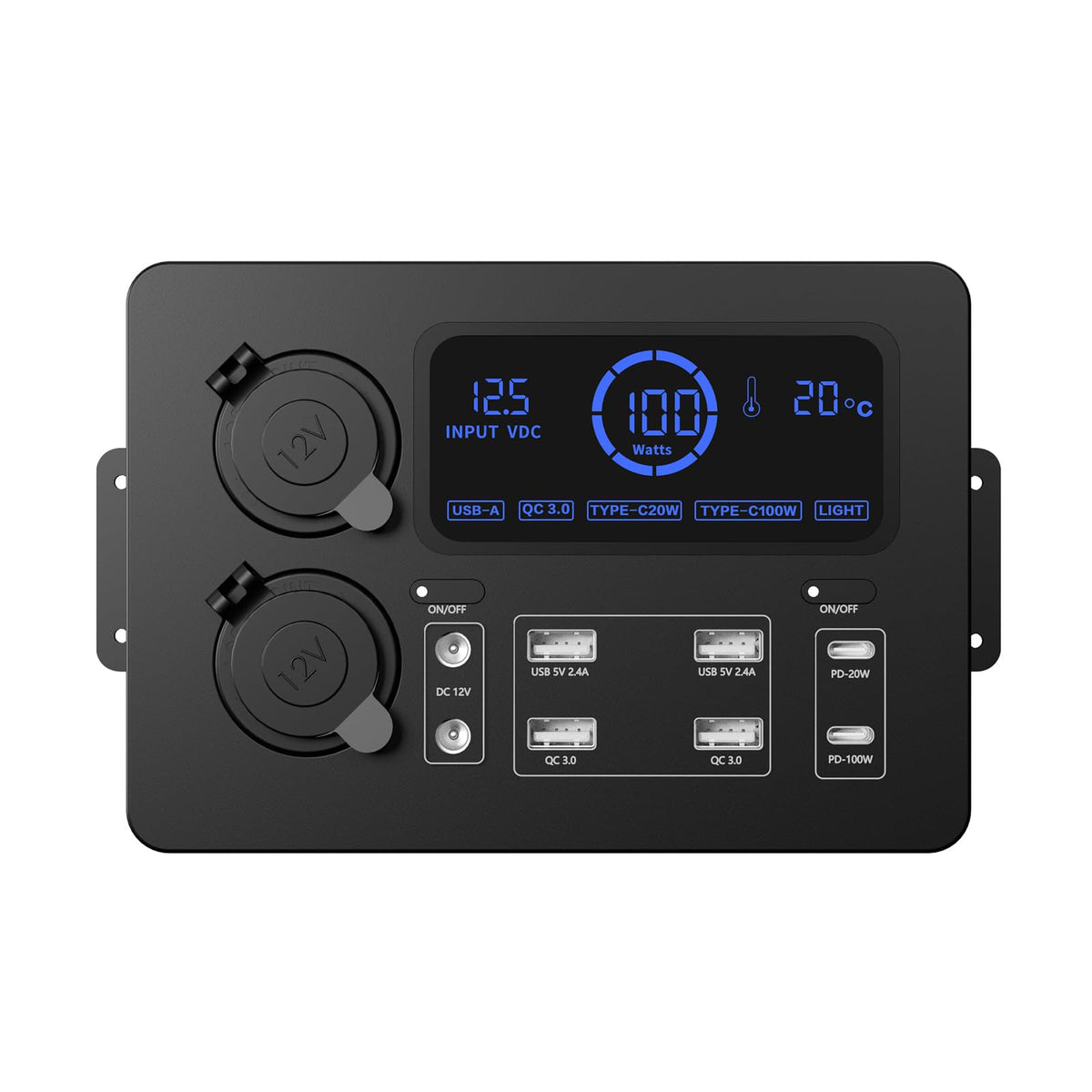 HUIOP Power Box,Mini Power Box, 12V 100W LCD Display Power Box with LED Lights, USB-C & QC3.0 Ports, Portable Control Hub for RVs, SUVs, Boats, Yachts, Cars