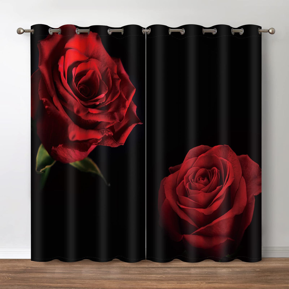 Jekeno Red Rose Floral Blackout Curtains - Romantic Black Red Roses Flower Theme Print Decor Home Apartment Bedroom Living Room Darkening Grommet Window Drapes 2 Panel Set,52"x84"