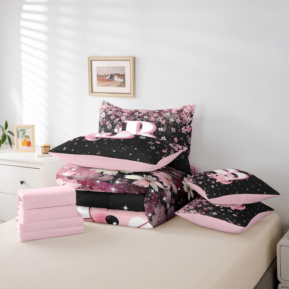 Erosebridal 7 Pieces Cute Letter Initial B Bedding Set Twin Size | Cute Axolotl Comforter Set with Sheets for Kids Girls Teens Pink and White Cherry Blossom Quilt Sets Kawaii Axolotl Bed in A Bag
