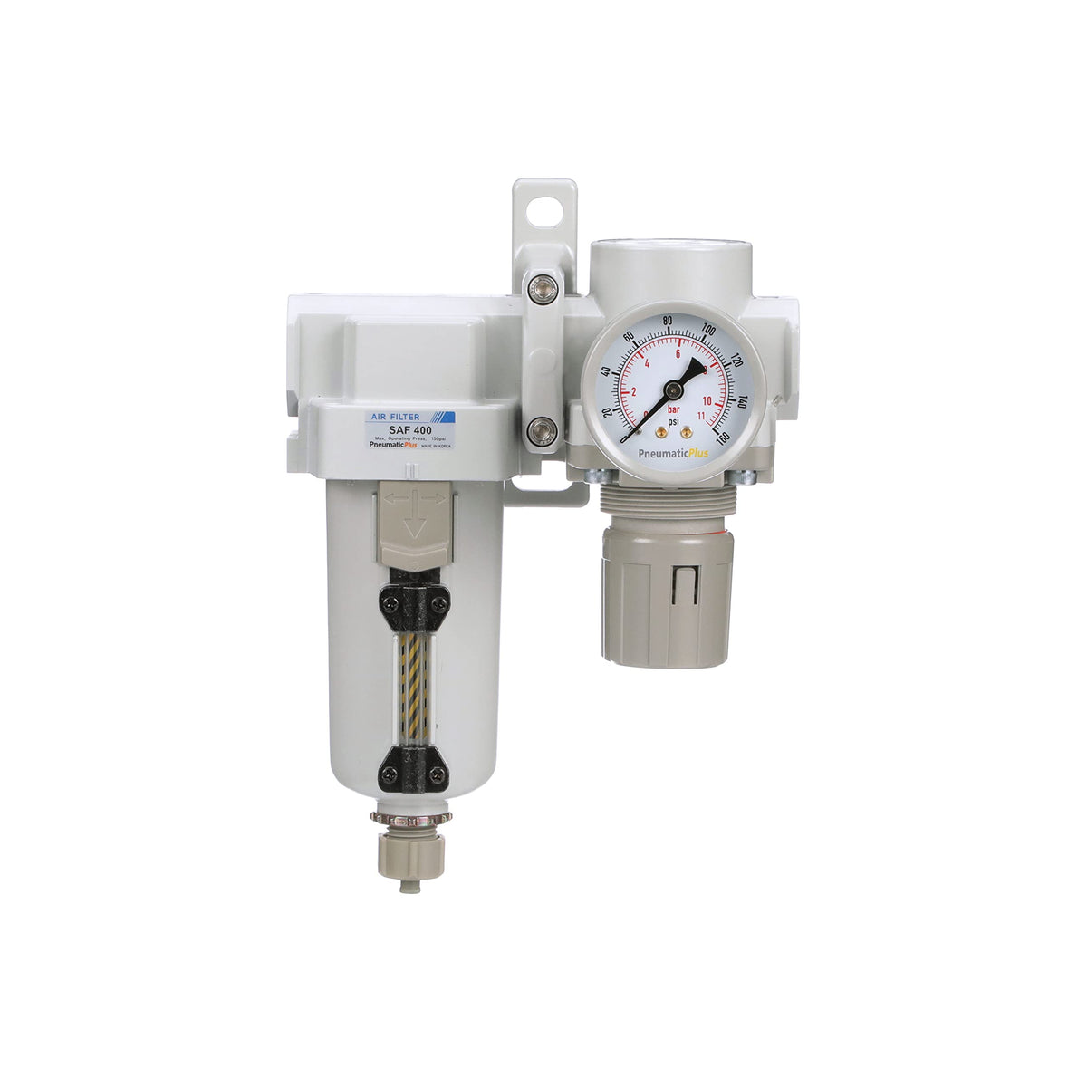 PneumaticPlus SAU420-N06G-MEP Compressed Air Filter Regulator Combo 3/4" NPT - Metal Bowl, Manual Drain, Bracket, Gauge