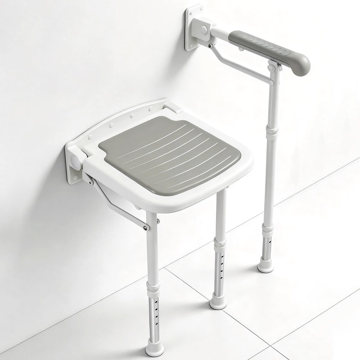 Caredear Folding Shower Seat with Adjustable PU Grab Bar, 550lbs Heavy Duty Fold Down Bath Bench with Legs, Non-Slip Comfort Grip and Removable Cushion, Wall Mounted Chairs for Seniors