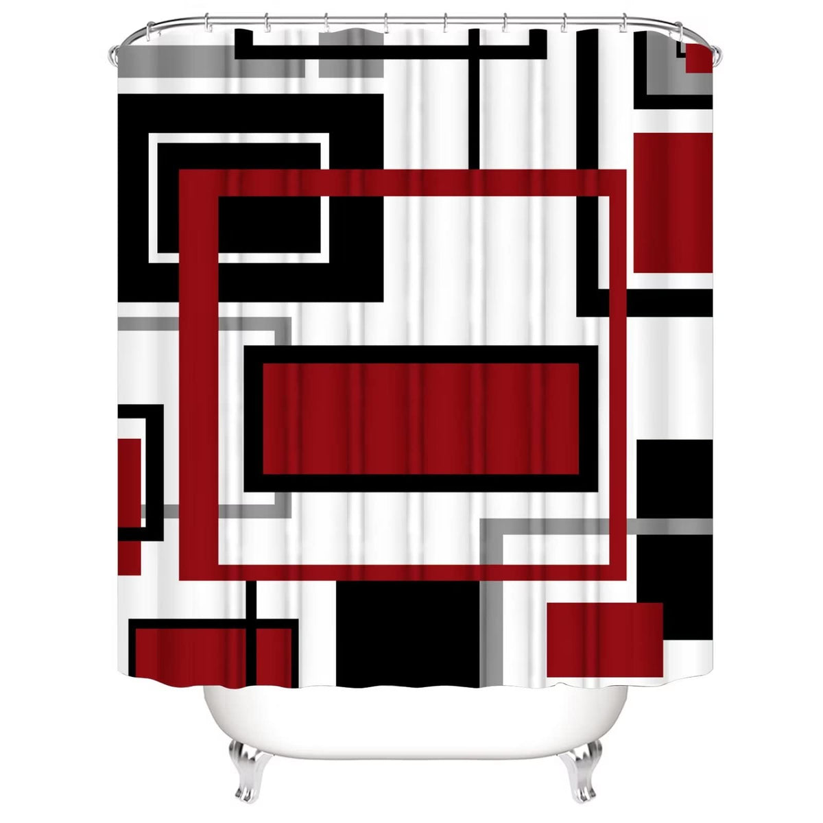 Yddsky 4 Pcs Red Geometric Shower Curtain Sets with Rugs Red Bathroom Sets with Shower Curtain and Rugs Modern Bathroom Curtains Shower Set with Toilet Lid Cover for Bathroom Decor Accessories