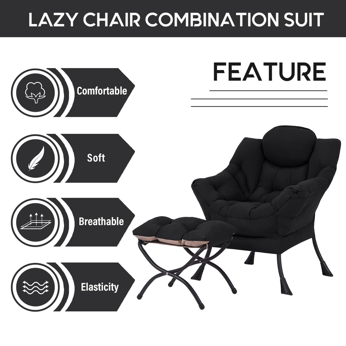 LITA Lazy Chair with Ottoman, Modern Accent Leisure Upholstered Sofa Chair, Contemporary Lounge Reading Chairs with Armrests and a Side Pocket for Living Room, Bedroom & Small Space, Black