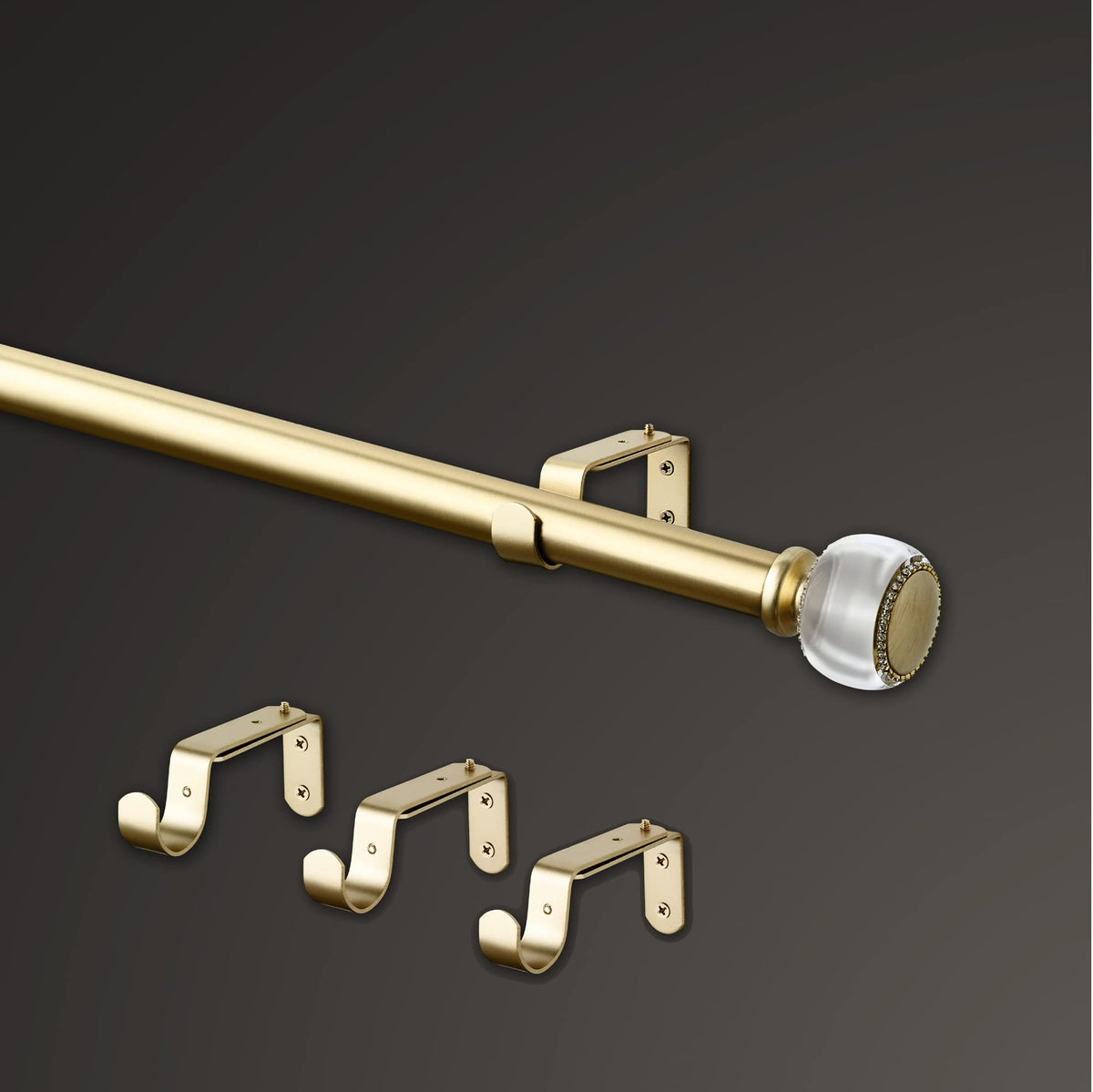 MODE Premium Collection 1 1/8" Diameter Curtain Rod Set with Brilliant Doorknob Curtain Rod Finials and Steel Wall Mounted Adjustable Curtain Rod, Fits 144” to 240” Windows, Brushed Gold