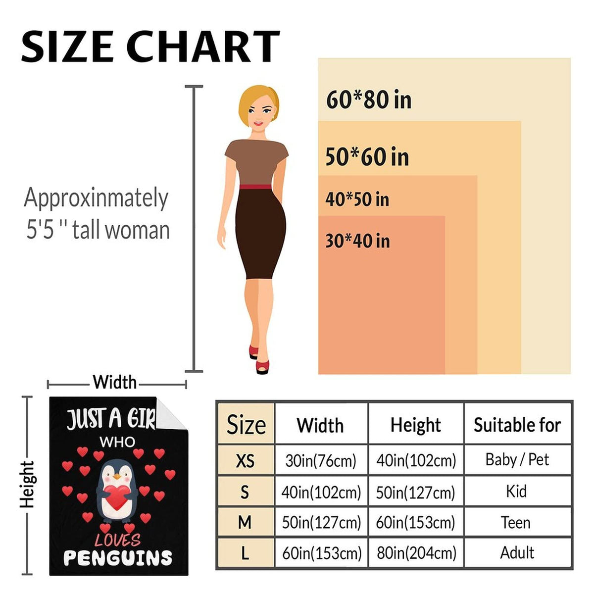 Penguin Blanket Gifts - 60"x80" Cute Throw Blanket for Adults, Kids - Black Soft Plush Blankets for Bed, Couch & Living Room