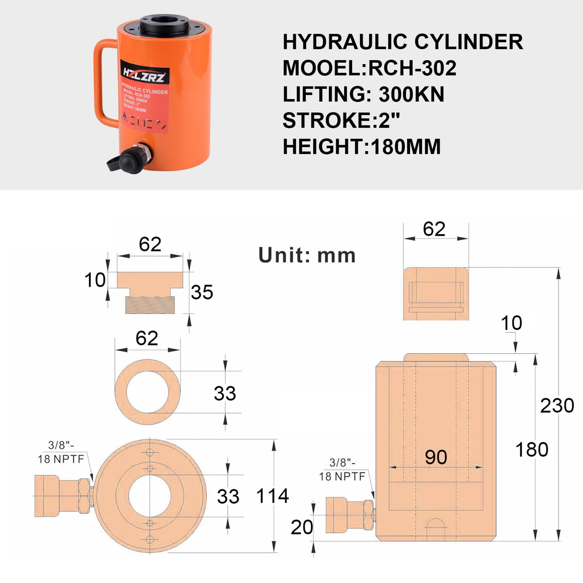 HZLZRZ 30 Ton Hydraulic Cylinder Jack Porta Power Ram 2" Stroke, CP-700B Manual Hydraulic Hand Pump, Hollow Single Acting Lifting Cylinders for Machinery Shipbuilding