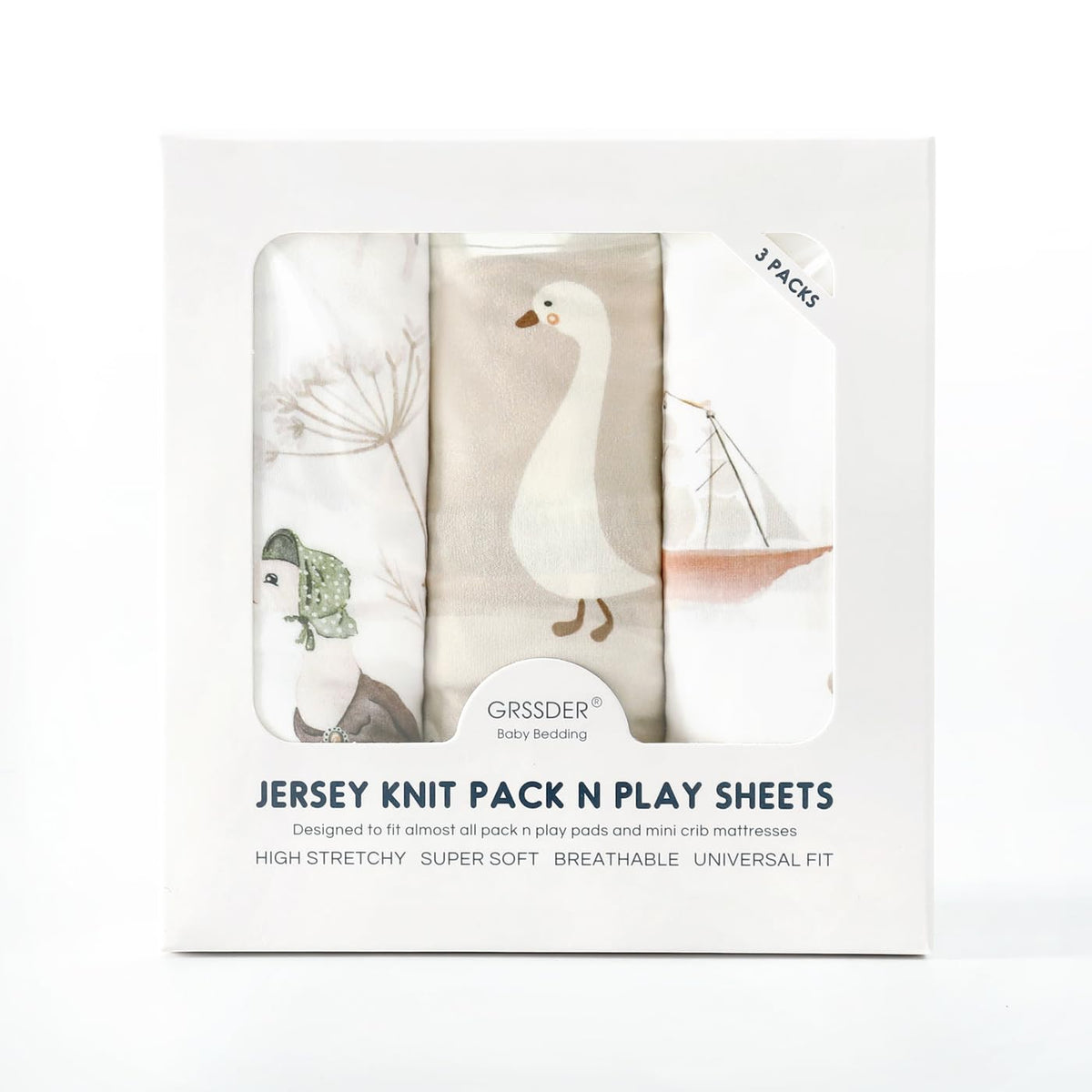 Stretchy Ultra Soft Jersey Knit Fitted Pack and Play Sheets Set 3 Pack, Portable/Mini Crib Sheets for Boys and Girls, Universal Fit for Pack N Plays Safe and Snug, Stylish Pattern of Duck Happy Party