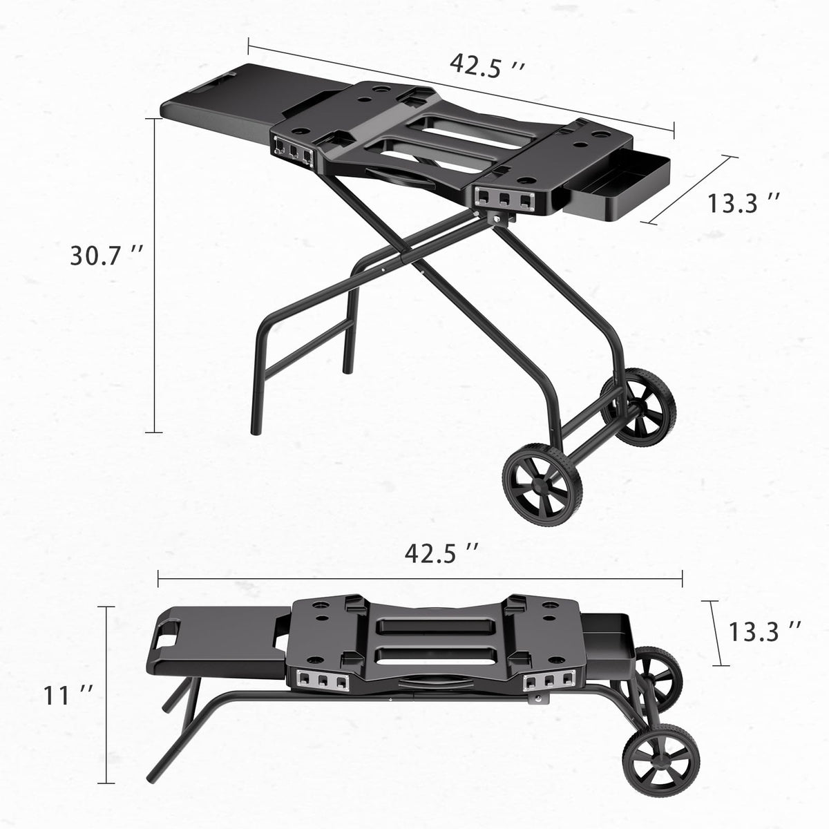 GRISUN Foldable Grill Table Stand for Ninja Woodfire Outdoor Grill（OG700/701/751), Portable Camping Table for Blackstone 22", Portable BBQ Stand with 2 Wheels, Side Table & Storage Basket