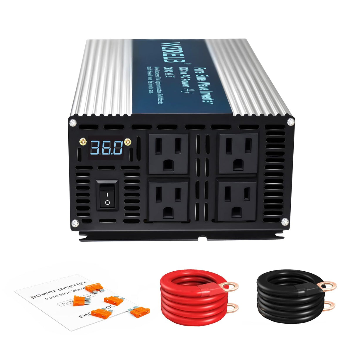 WZRELB 1800W Pure Sine Wave Inverter 12V DC to 110V 120V AC Power Converter with LED Display, Off-Grid Portable Power Inverter with 4 AC Outlets for Home, RV, Truck, Camping