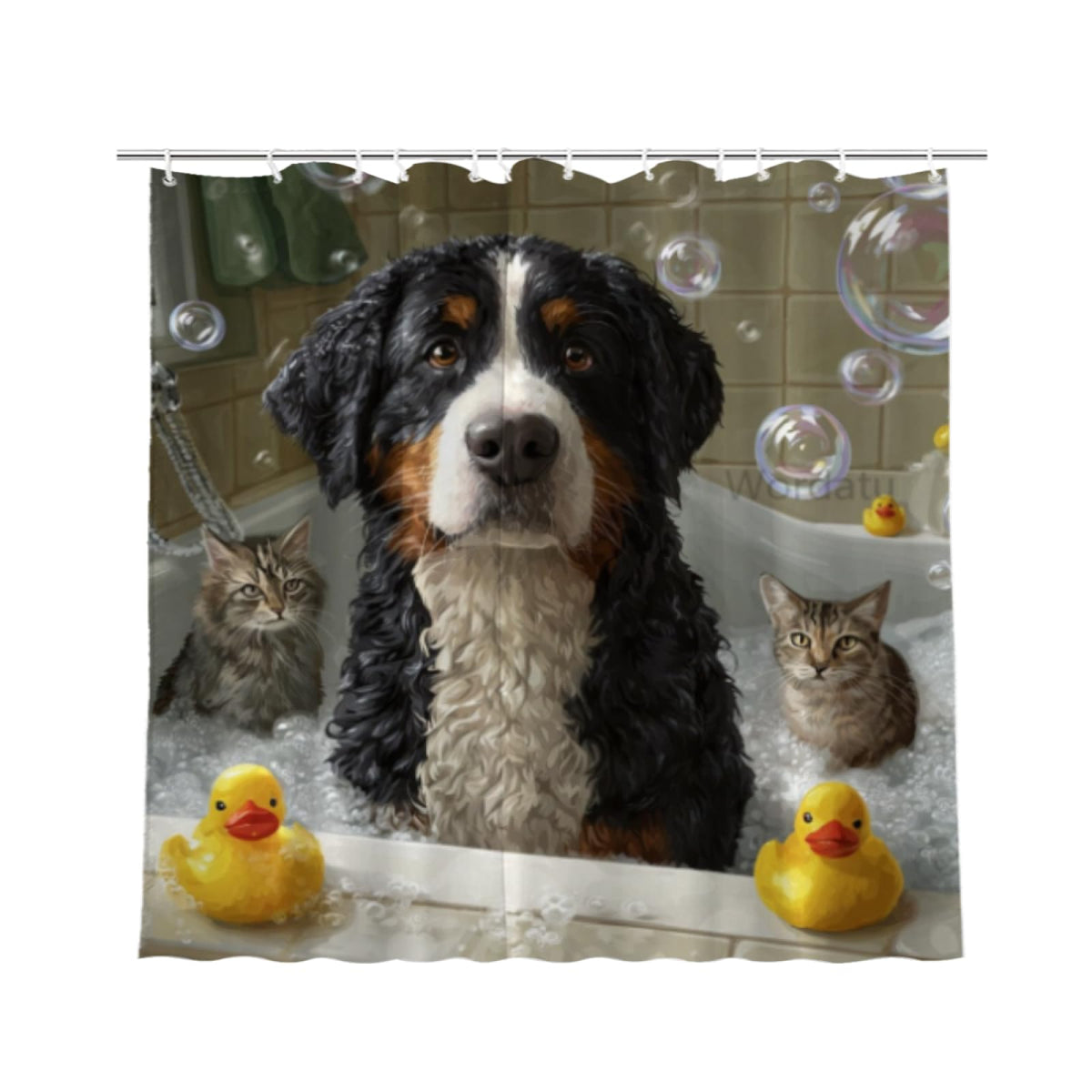 Wordatu Bernese Mountain Shower Curtain Bathroom Set 72X72 Inches Funny Cat Lovely Animals in Bathtub for Boys Bath Farmhouse Art Home Decor Fabric 12 Hooks