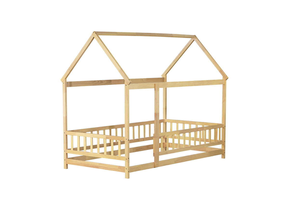 PVWIIK Twin Montessori Floor Bed with High Rails & Roof for Kids Bedroom,High Rails Bed Frame with Fence,No Box Spring Needed, Natural