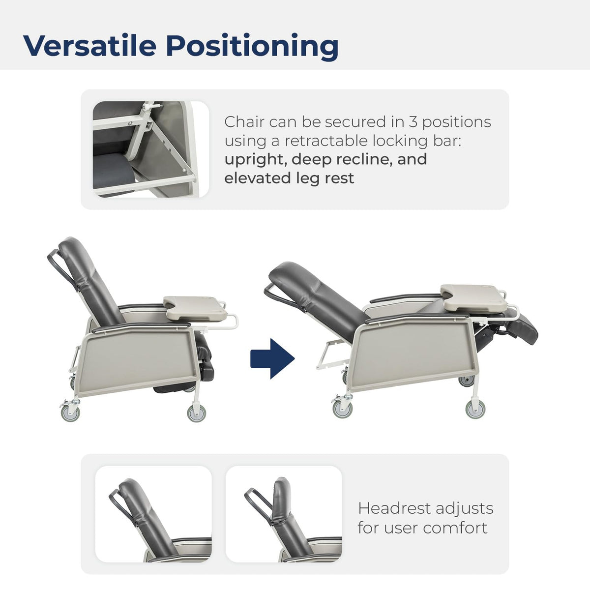 Drive Medical 3 Position Heavy Duty Bariatric Geri Chair Recliner, Reclining Clinical Chair with Armrests and Tray, Extra Wide Seat, Charcoal