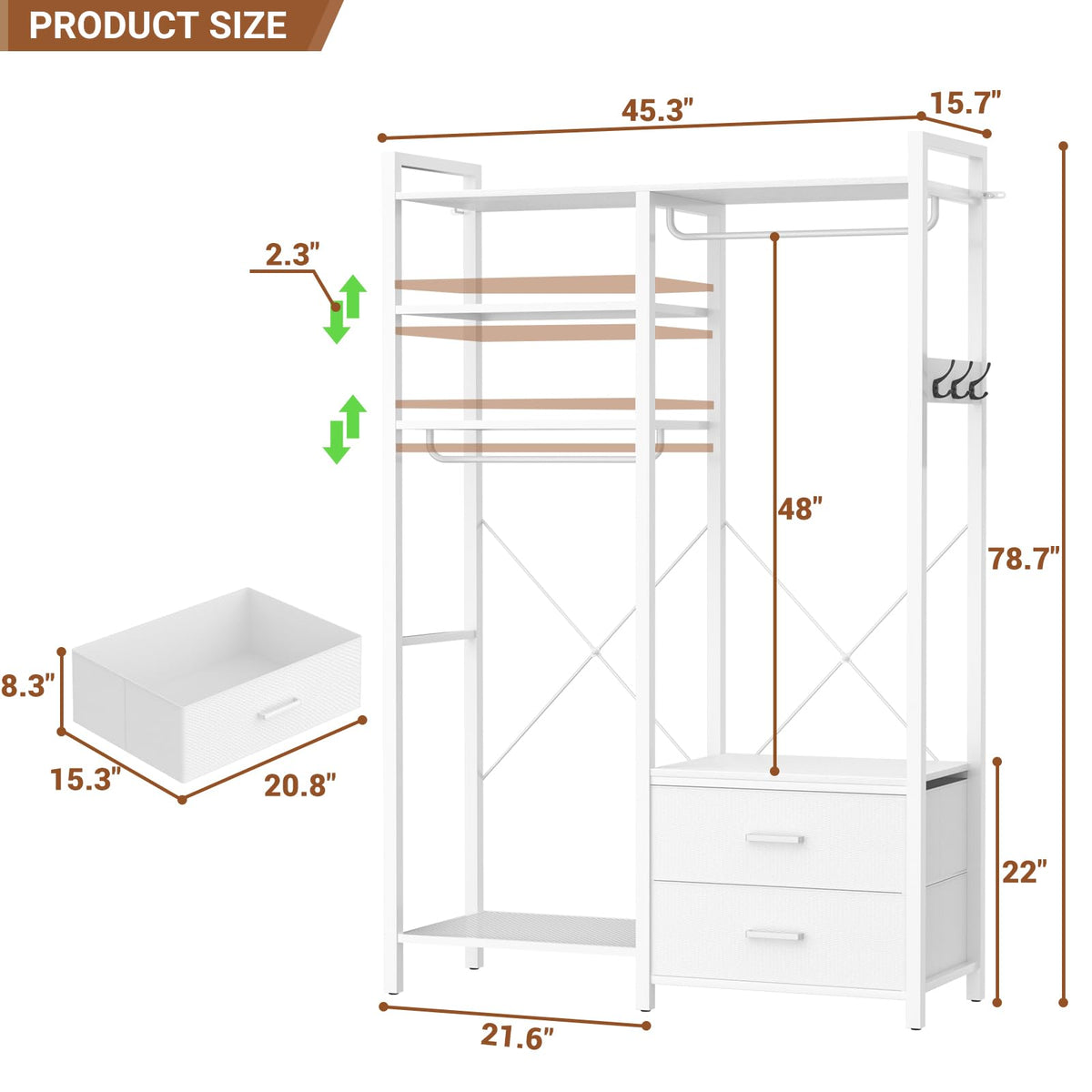 78.7'' Clothes Rack for Hanging Clothes - Reversible Clothing Rack with 2 Drawers, Heavy Duty Garment Racks with Shelves, 6 Tiers Freestanding Portable Closet Wardrobe System with Hanging Hooks, White
