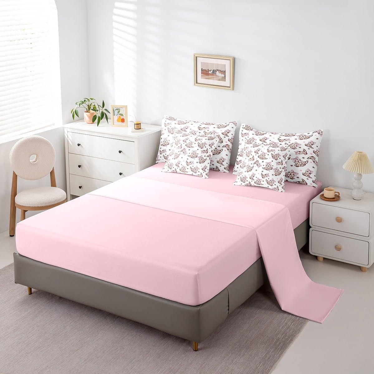 Manfei Cowgirl 7 Pieces Bedding Set Queen,Western Tribal Boots Pink Princess Bowknot White Bed in a Bag for Teens,Rustic Brown Cowhide Starry Comforter Set with Sheets,Pillow Covers