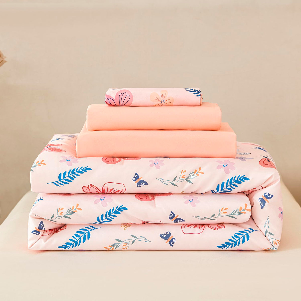 URBONUR Cute Butterfly Toddler Bedding Set for Girls, 4 Piece Bed-in-a-Bag Toddler Microfiber Comforter Sheet Set, Botanical Flowers Printed, All Season Easy Care
