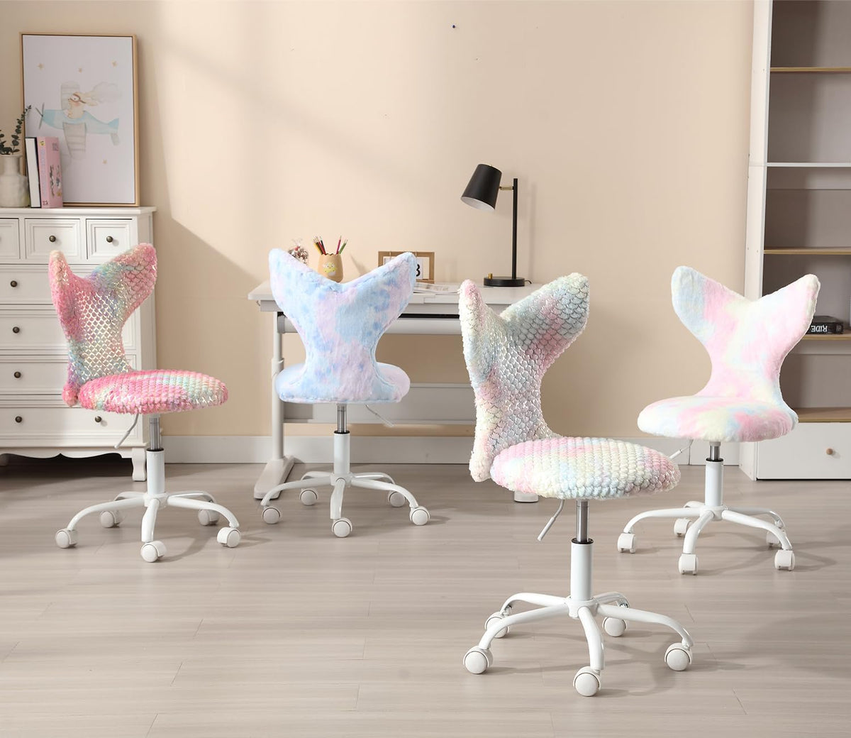 Hyfirm Swivel Mermaid Kids Desk Chair for Girls, Sparkling Pink Fuzzy