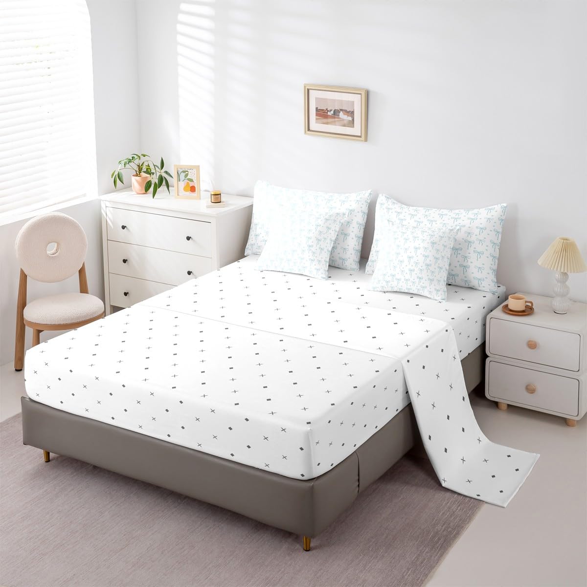 Castle Fairy Blue Bow Comforter Sets - 7 Pieces Full Size,Bow Print All Season Reversible Bed in a Bag Flower Floral Bedding Set Princess Flat Sheet,Fitted Sheet,Pillowcases