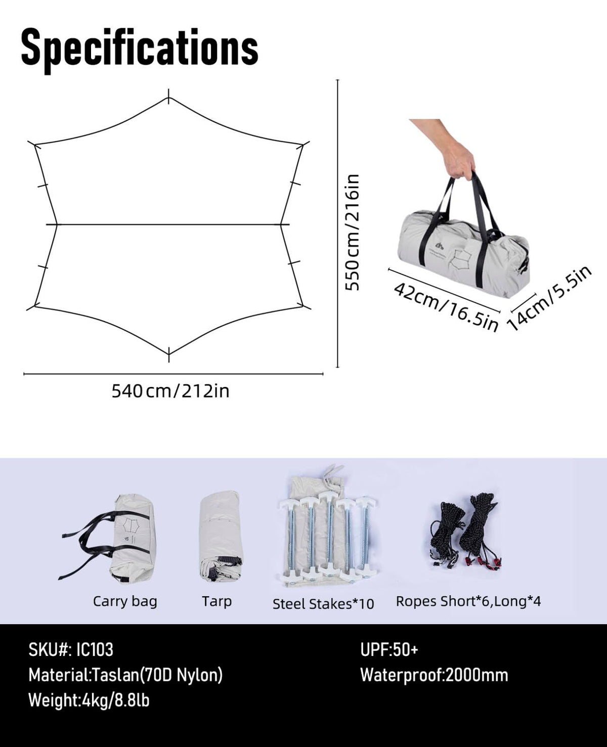 iClimb Waterproof Sun Shield Tarp UPF 50+ for Tent Hammock Camping Backyard Party (Tarp 18' × 17'9")