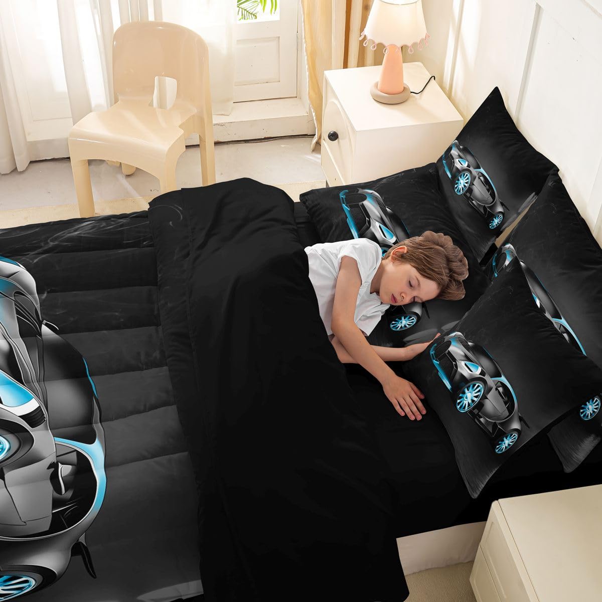 Sports Car 7 Piece Bedding Set Stylish Black Race Car Comforter Set with Sheets for Kids Boys Girls Extreme Sports Theme Bed in a Bag Cool Speed Luxury Car Decor Bed Set with 1 Pillowcase Twin