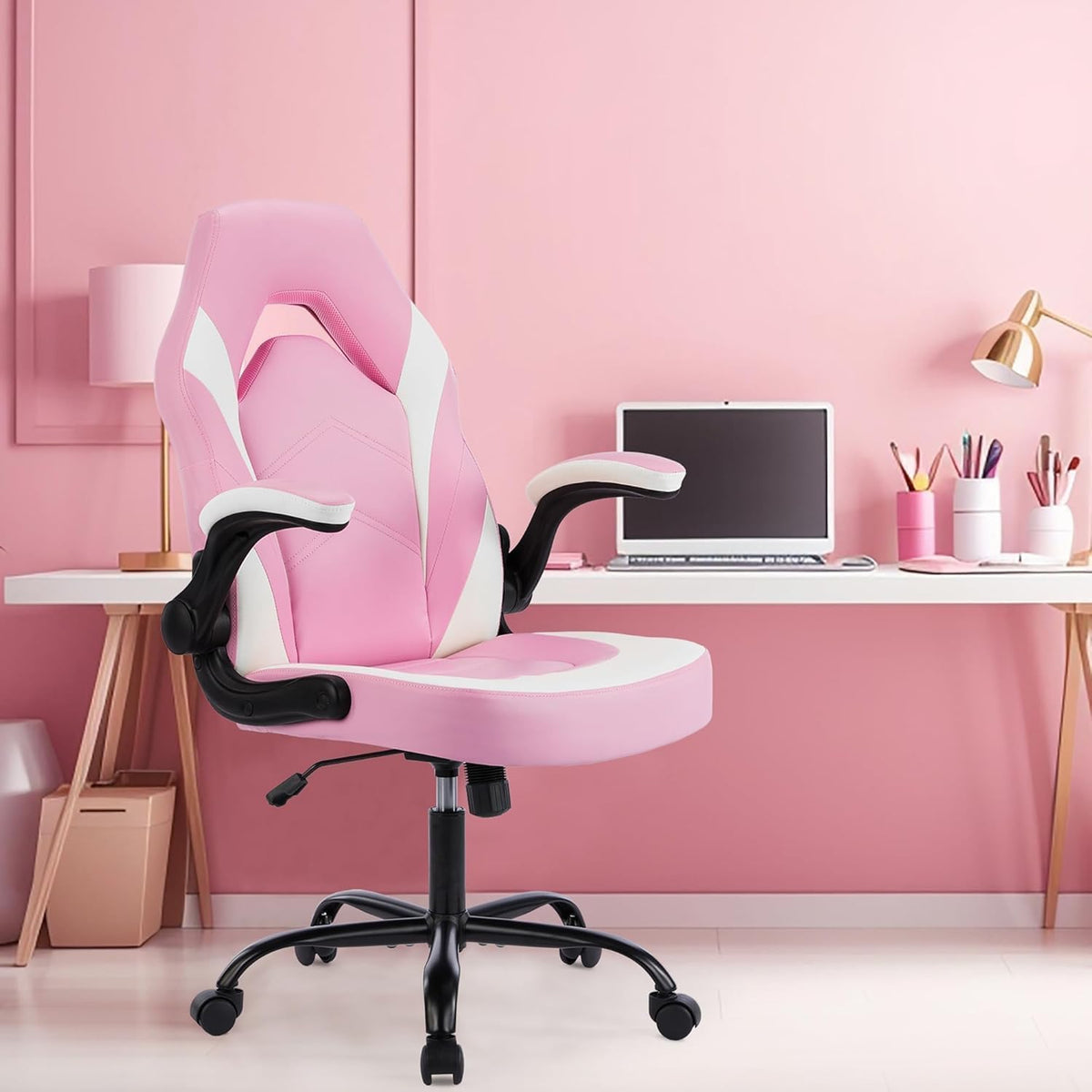 OLIXIS Computer Gaming Desk Chair - Big and Tall Ergonomic Lumbar Support with Flip-up Armrest and 360° Swivel Wheels, PU Leather Height Adjustable, for Home and Office, Pink and White