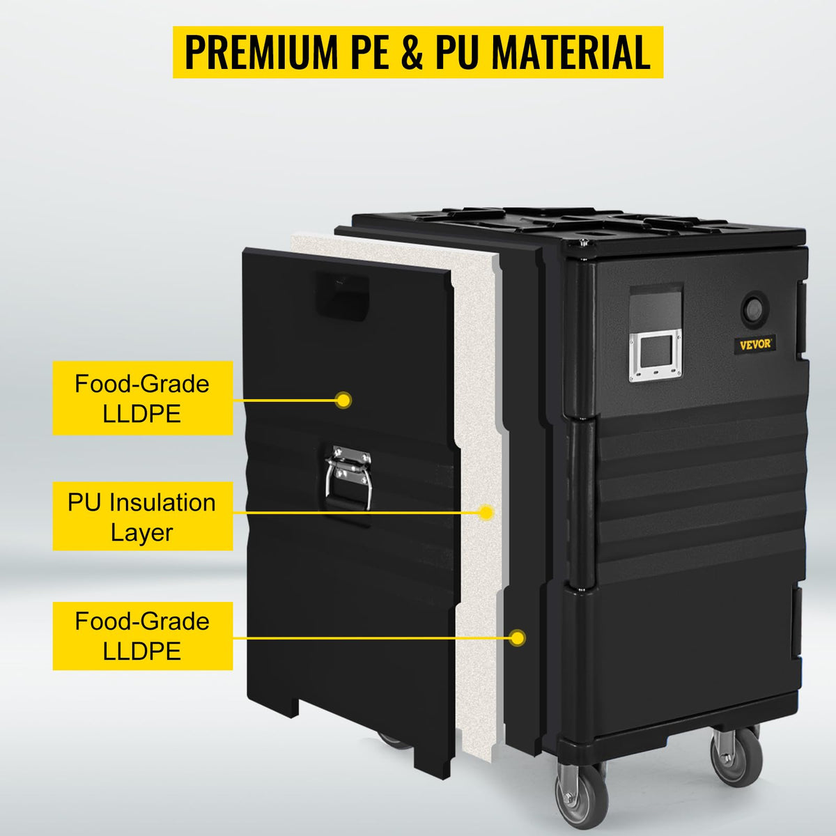 VEVOR Insulated Food Pan Carrier, 127 Qt Hot Box for Catering, LLDPE Food Box Carrier w/Double Buckles, Front Loading Food Warmer w/Handles, End Loader w/Wheels for Restaurant, Canteen, etc. Black