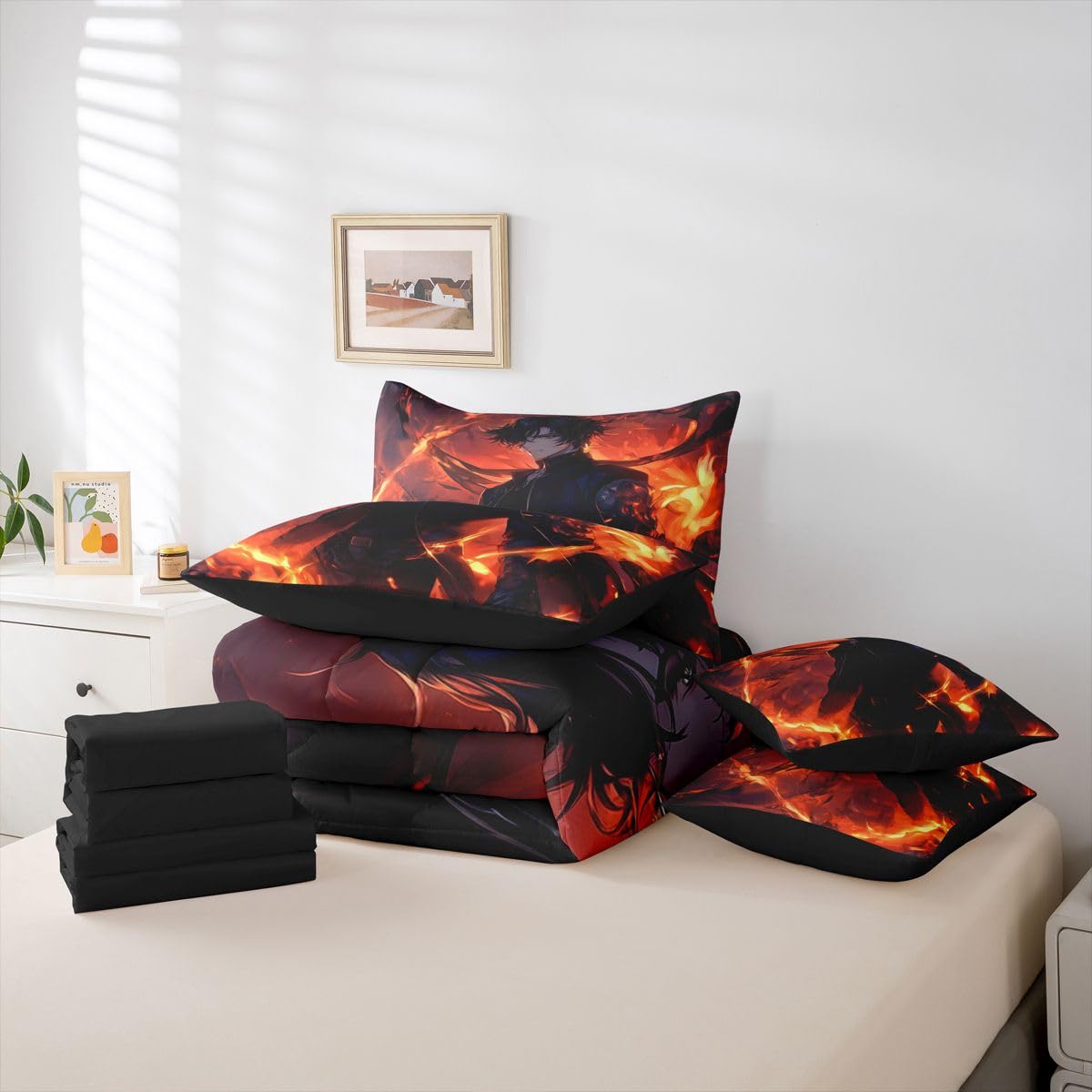 Erosebridal Anime Boy Twin Comforter Set 7 Piece,Japanese Anime Bedding Set with Sheets for Boys Teen Kids,Gaming Gamer Bed Set with Fitted Sheet,Flat Sheet,Pillowcases,Throw Pillow Covers