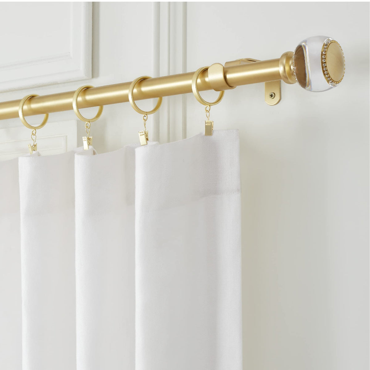 MODE Premium Collection 1 1/8" Diameter Curtain Rod Set with Brilliant Doorknob Curtain Rod Finials and Steel Wall Mounted Adjustable Curtain Rod, Fits 144” to 240” Windows, Brushed Gold